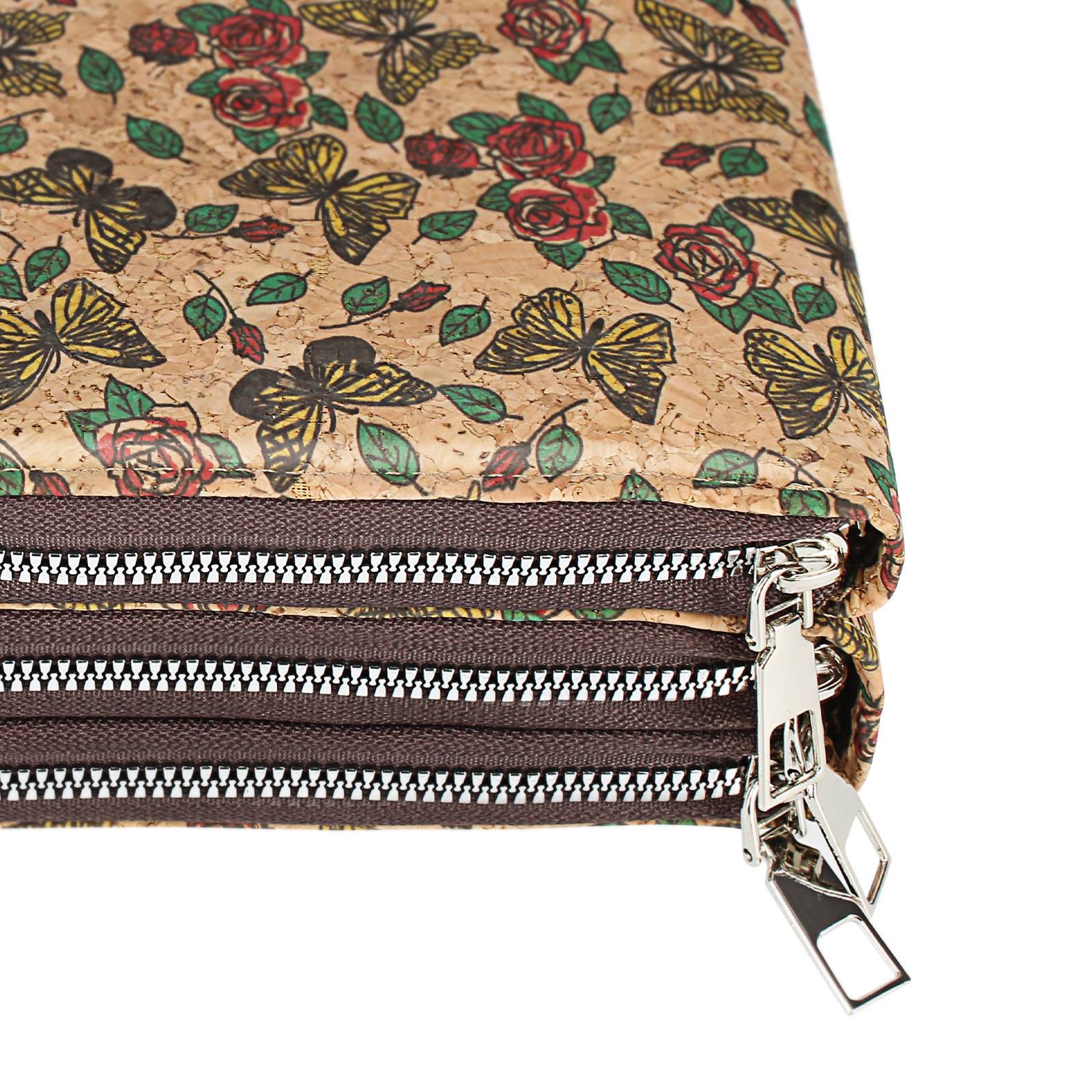 Sacoche en Liège Bandoulière Triple Poche Zip Motif Papillon-0