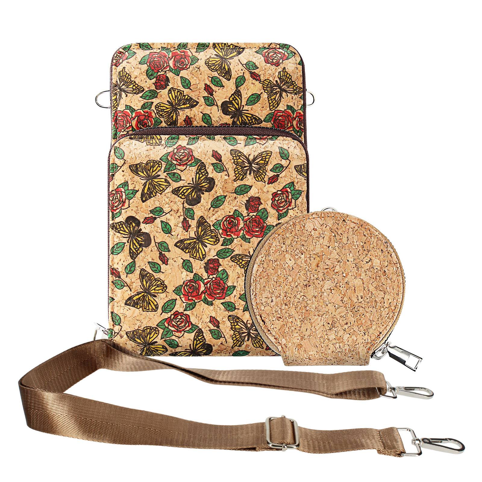 Sacoche en Liège Bandoulière Triple Poche Zip Motif Papillon-1