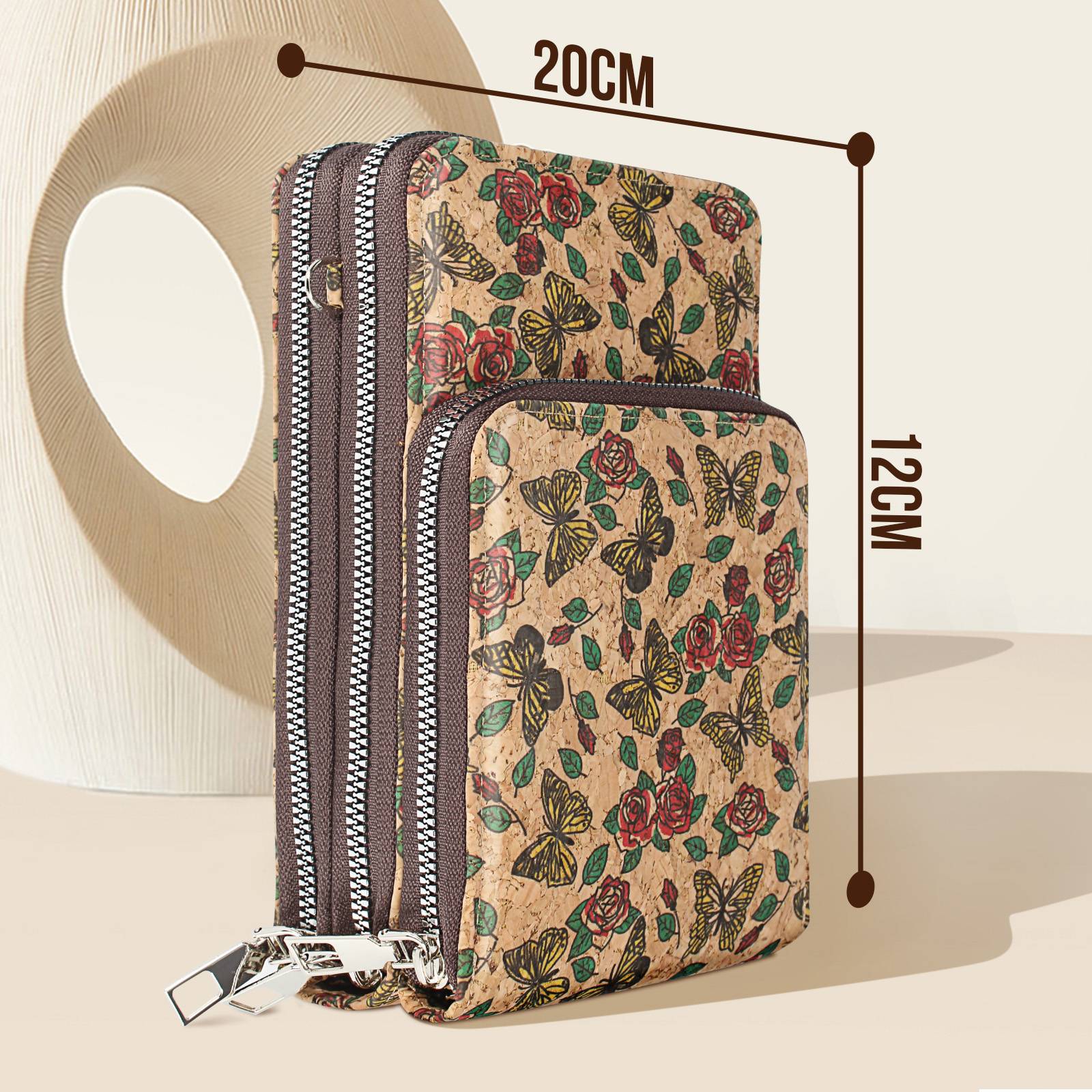 Sacoche en Liège Bandoulière Triple Poche Zip Motif Papillon-3
