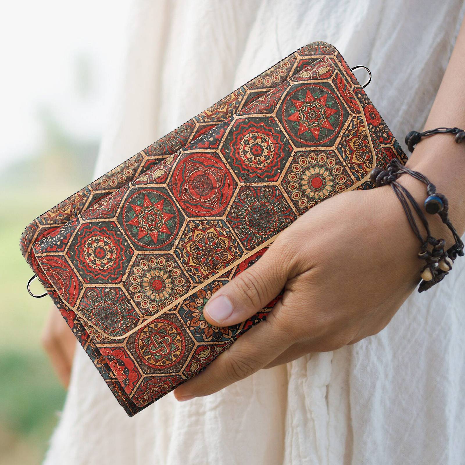 Pochette en Liège Bandoulière Triple Poche Magnétique Motif Hexagonal-2