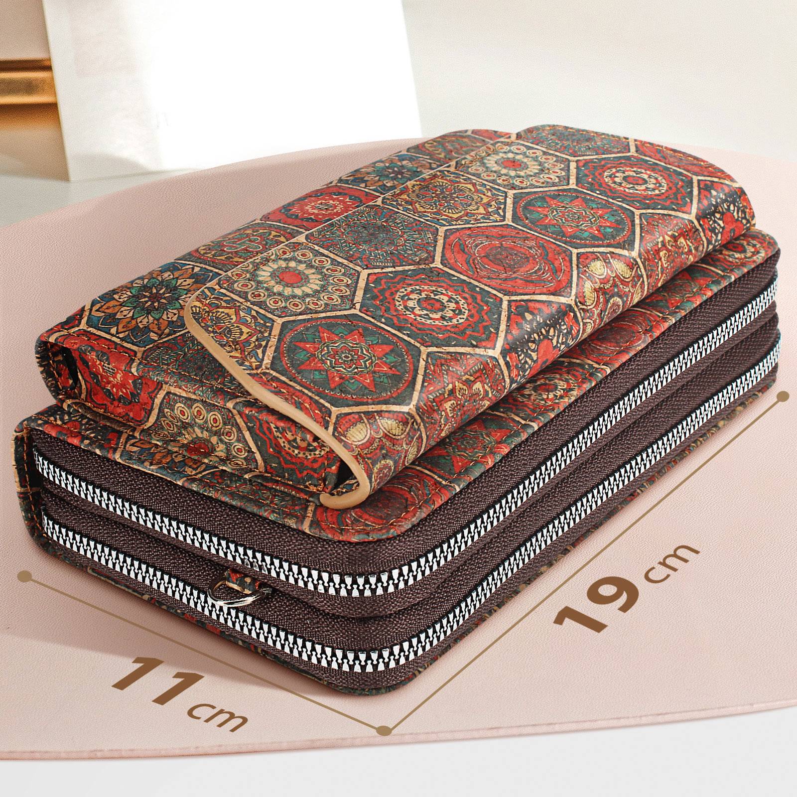 Pochette en Liège Bandoulière Triple Poche Magnétique Motif Hexagonal-3