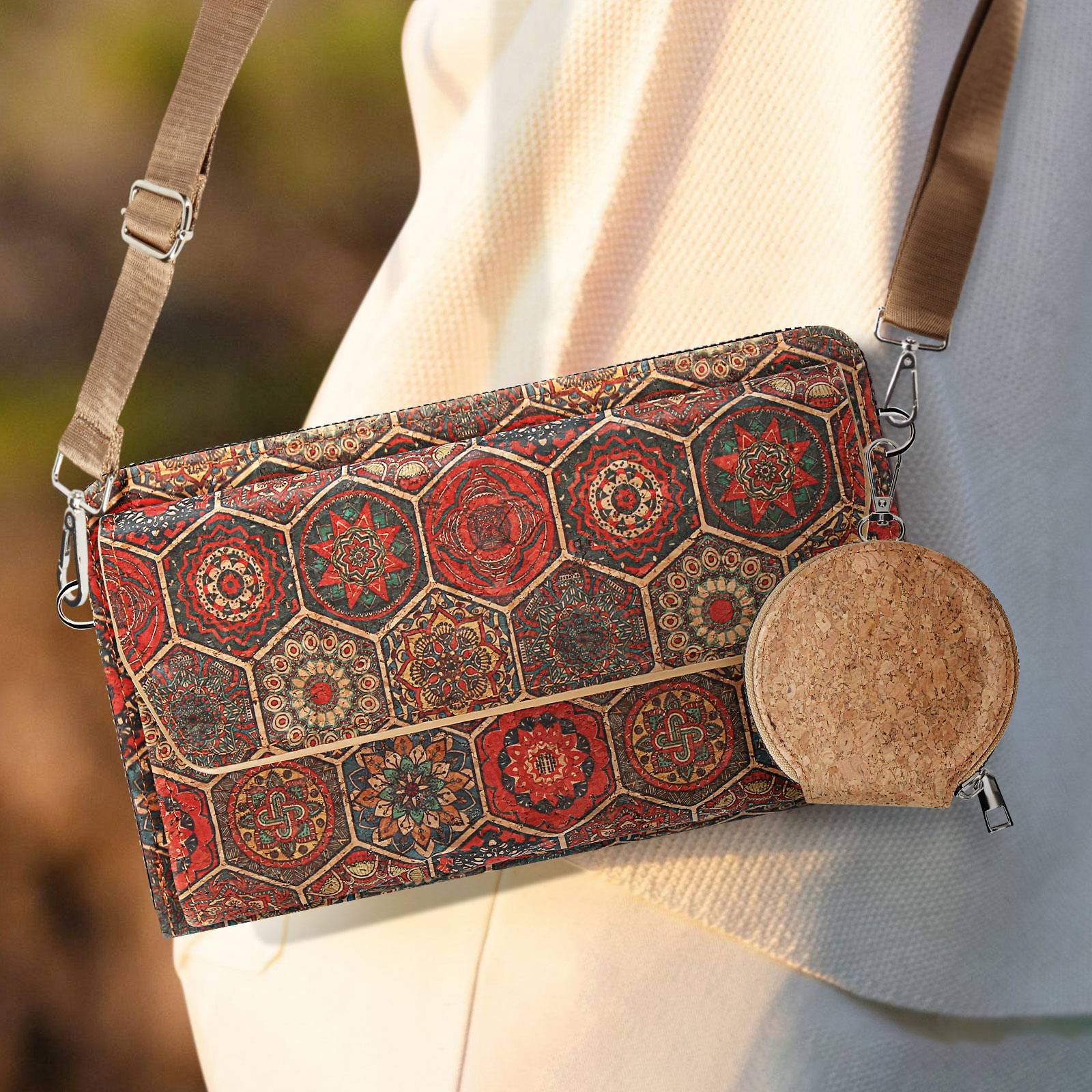 Pochette en Liège Bandoulière Triple Poche Magnétique Motif Hexagonal-4