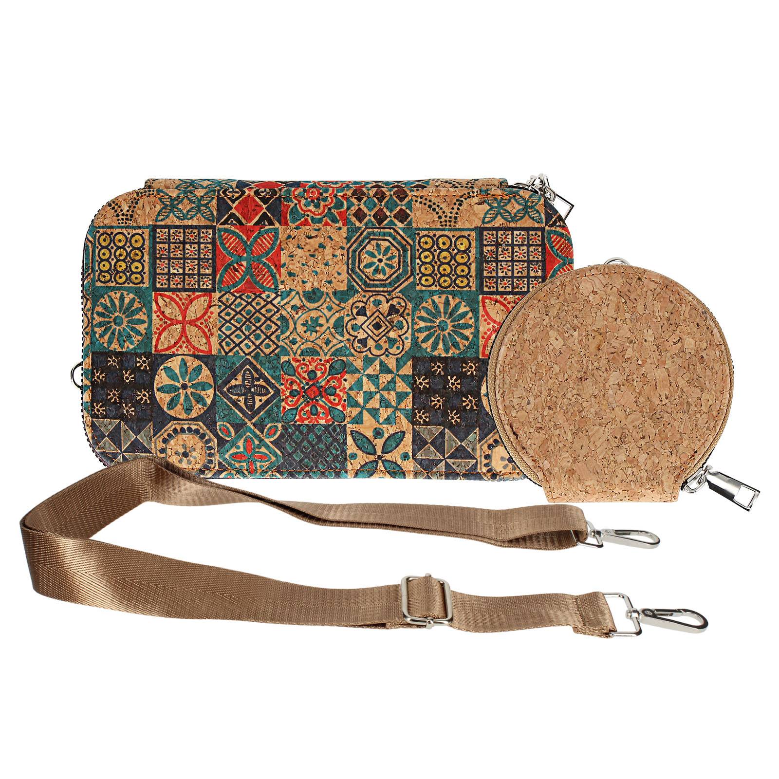 Pochette en Liège Bandoulière Double Grande Poche Zip Motif Céramique-1