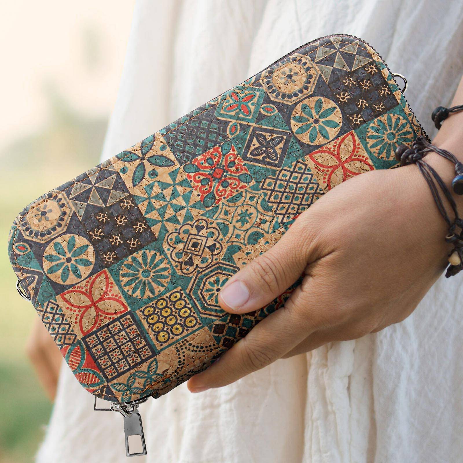 Pochette en Liège Bandoulière Double Grande Poche Zip Motif Céramique-2