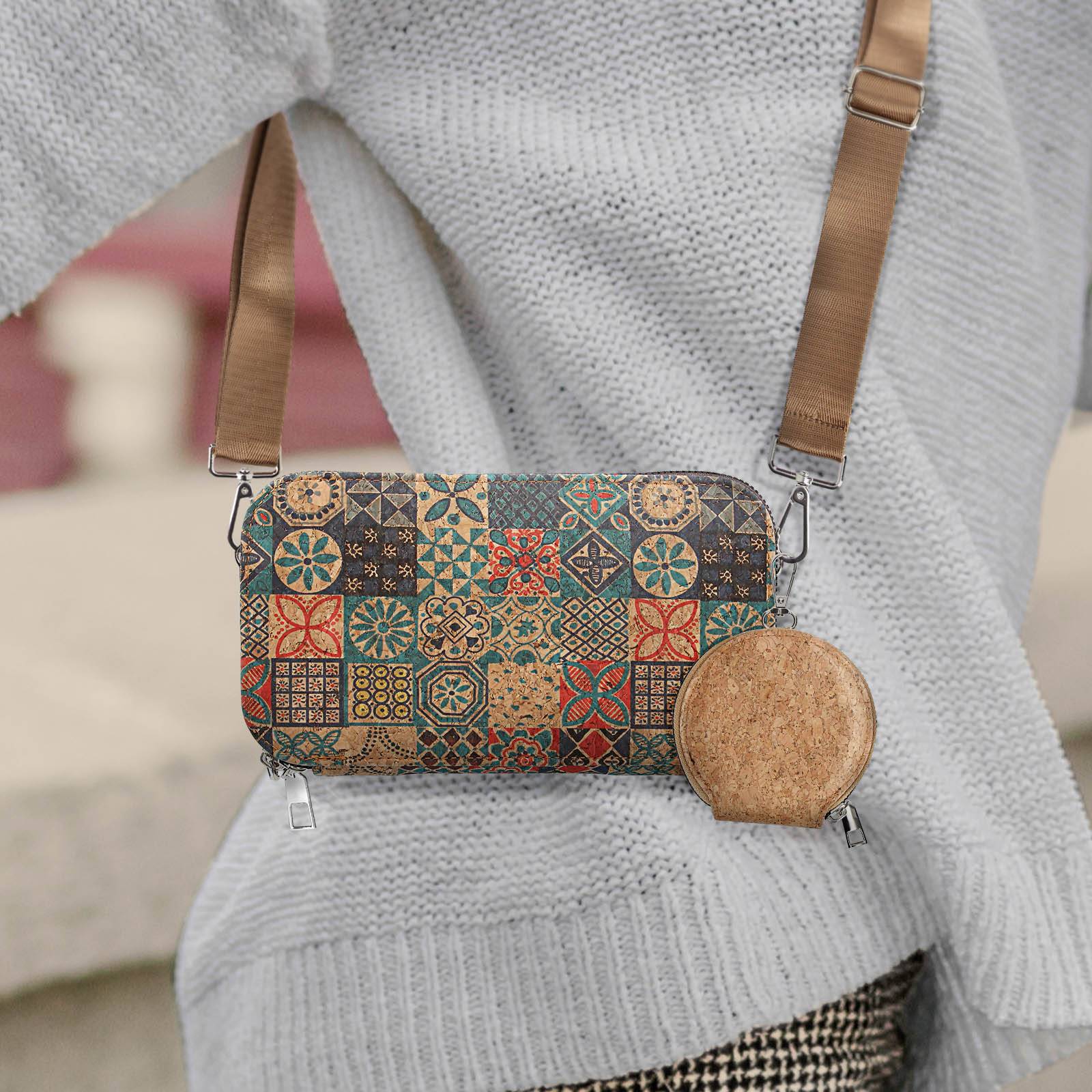Pochette en Liège Bandoulière Double Grande Poche Zip Motif Céramique-4