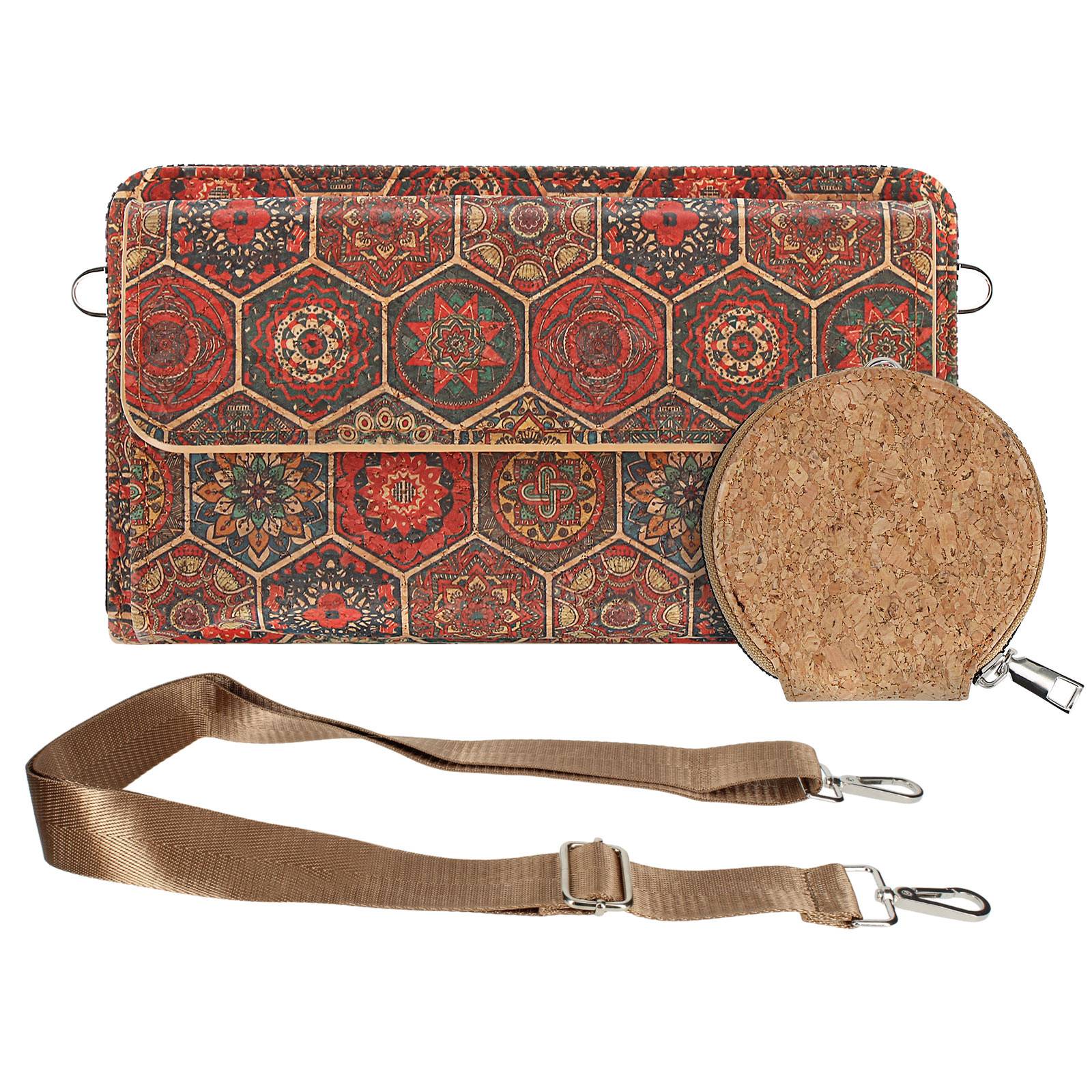 Pochette en Liège Bandoulière Double Poche Magnétique Motif Hexagonal-1
