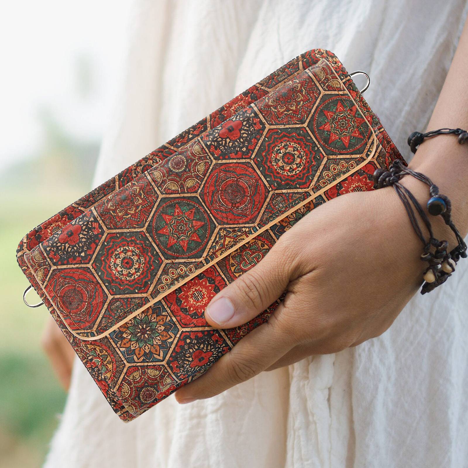 Pochette en Liège Bandoulière Double Poche Magnétique Motif Hexagonal-2