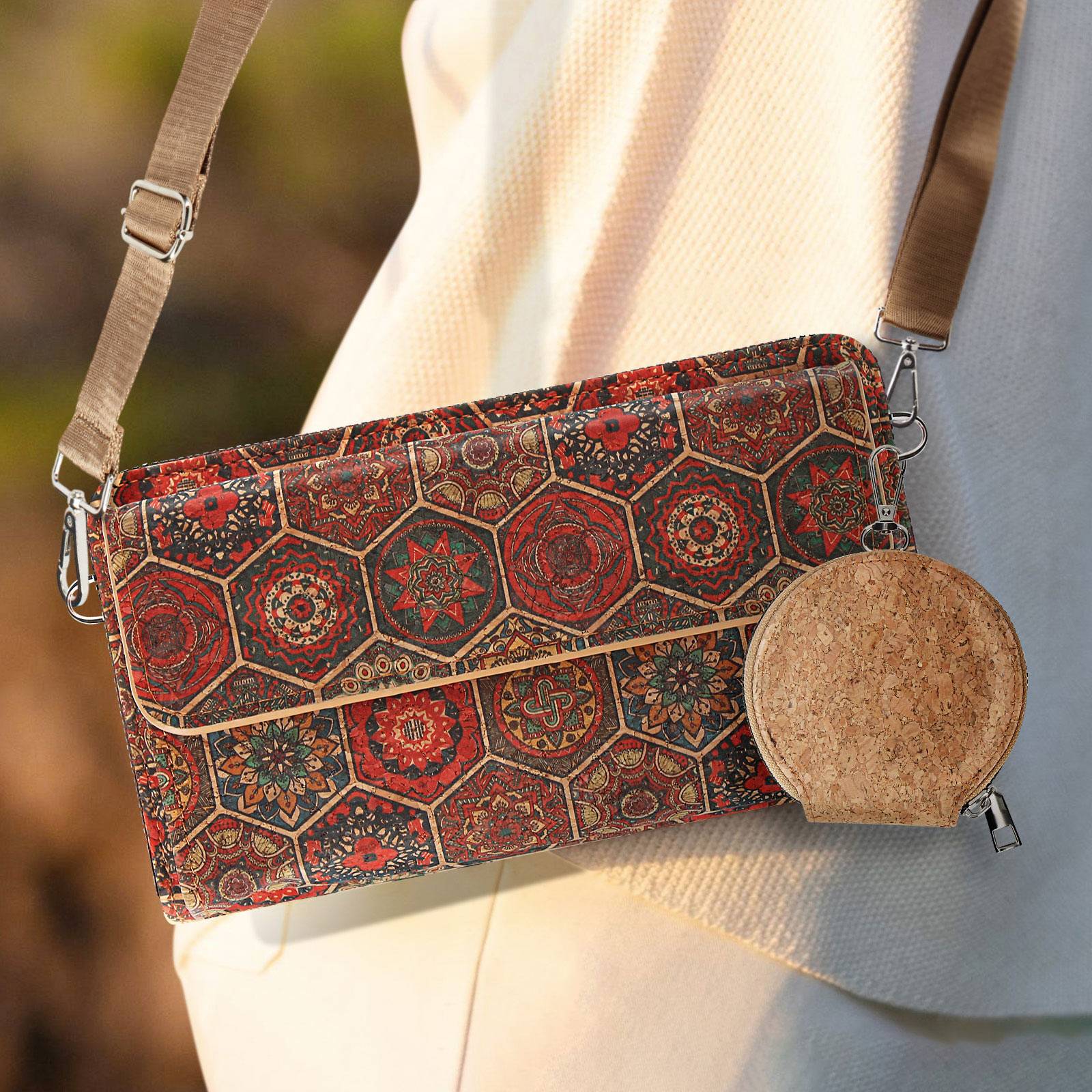 Pochette en Liège Bandoulière Double Poche Magnétique Motif Hexagonal-4