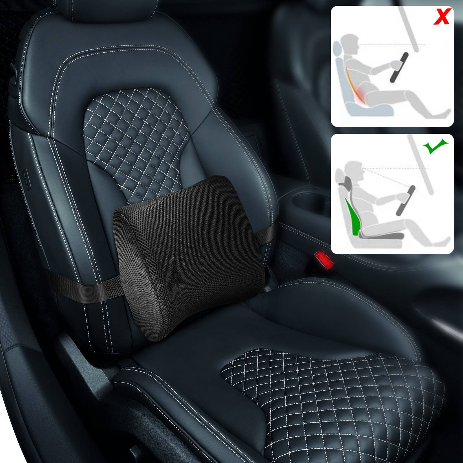 Coussin à Mémoire de Forme Siège Auto Poche de Rangement Sangle Ajustable-3