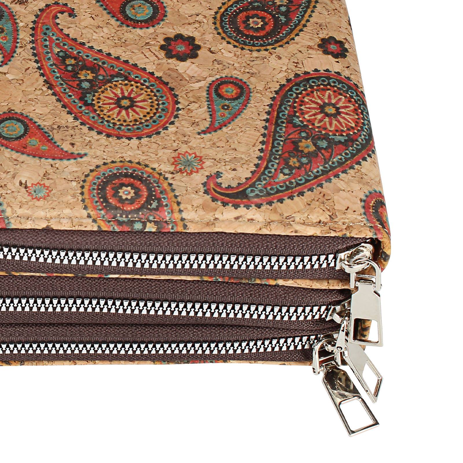 Sacoche en Liège Bandoulière Triple Poche Zip Motif Cachemire-0