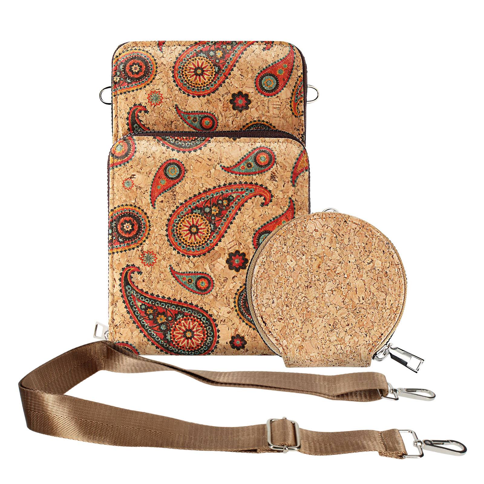Sacoche en Liège Bandoulière Triple Poche Zip Motif Cachemire-1