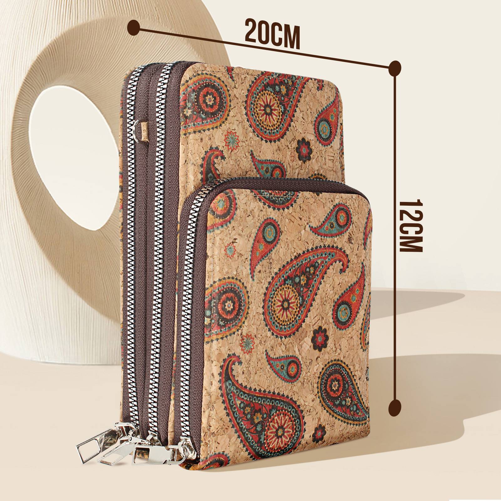 Sacoche en Liège Bandoulière Triple Poche Zip Motif Cachemire-3