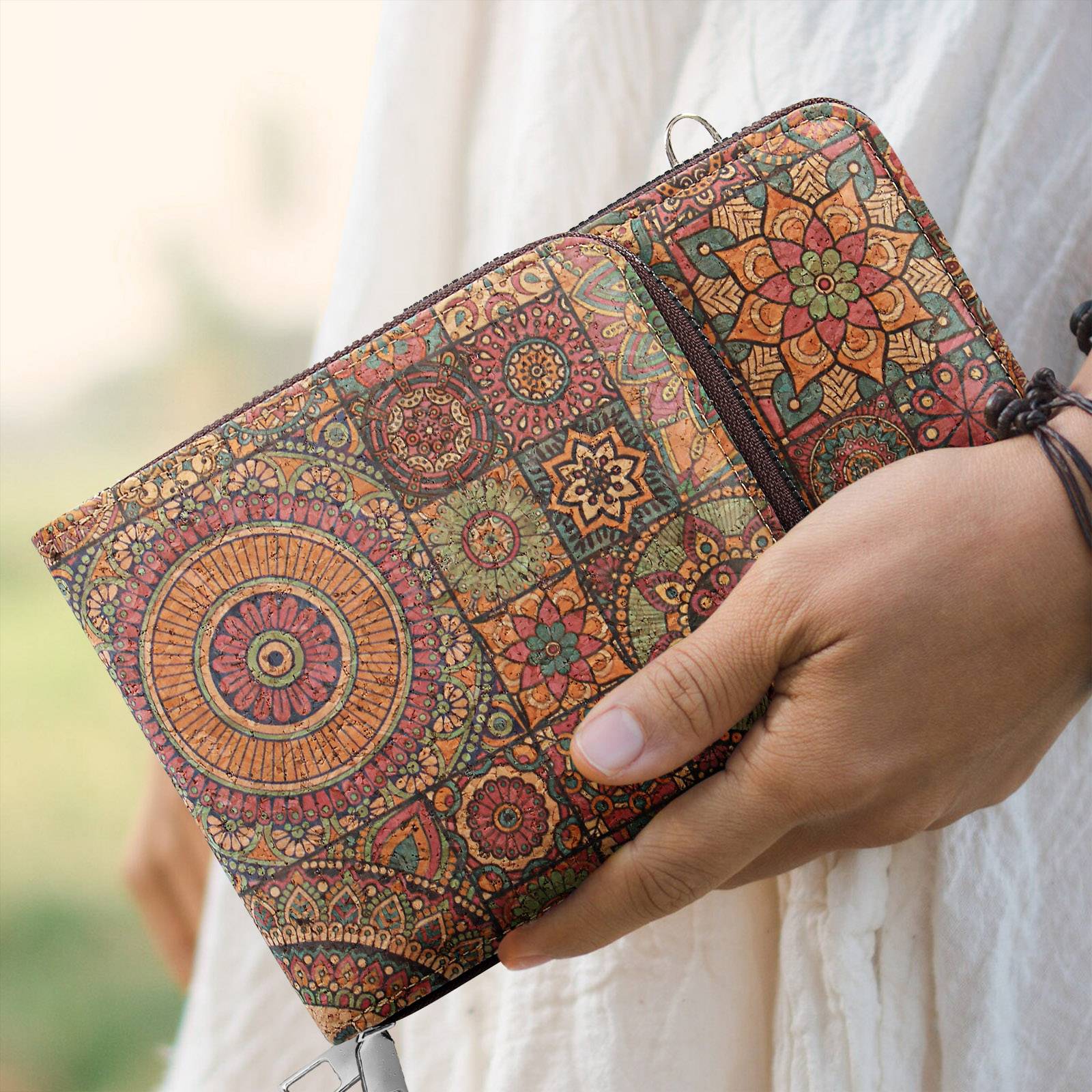 Sacoche en Liège Bandoulière Triple Poche Zip Motif Mandala-2