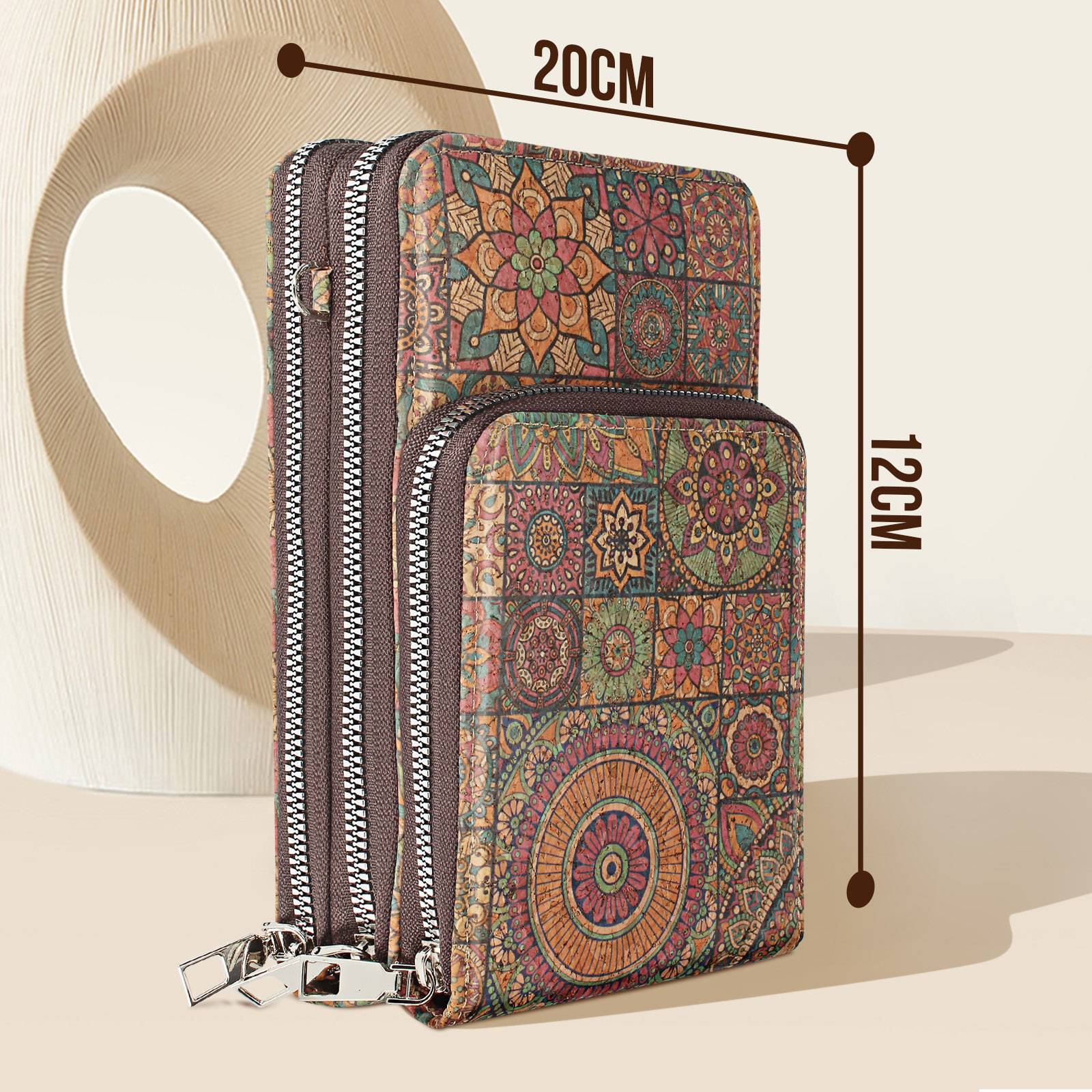 Sacoche en Liège Bandoulière Triple Poche Zip Motif Mandala-3