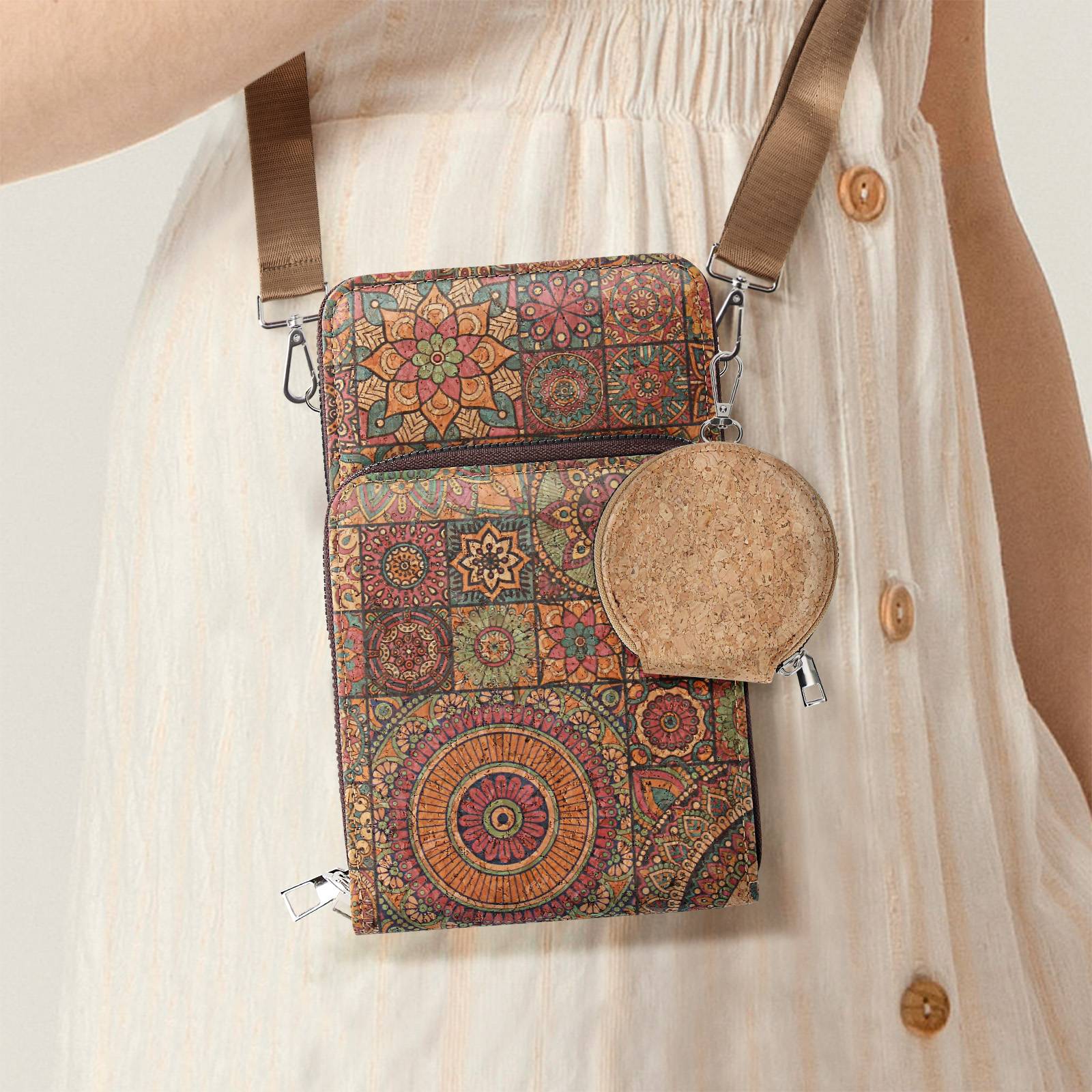 Sacoche en Liège Bandoulière Triple Poche Zip Motif Mandala-4
