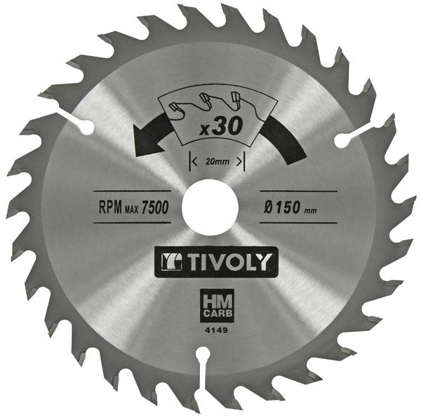 Lame de scie circulaire Tivoly Ø150 mm - 30 dents en carbure - Pour bois durs et stratifiés - Compatible scie portative