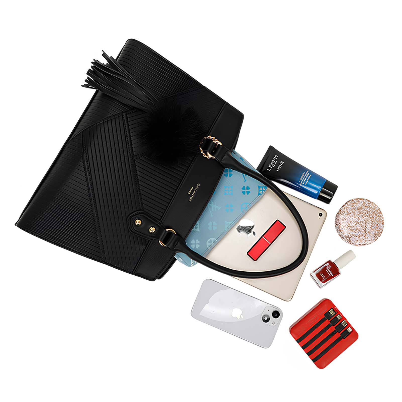 Sac à Main pour Femme Cléo Effet Grainé avec Pompon Décoratif et Bandoulière-3