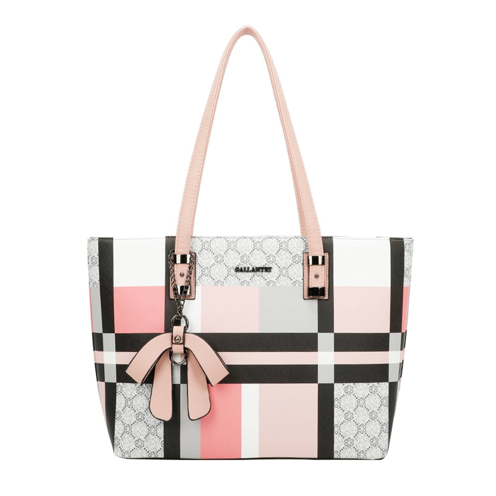 Sac Cabas pour Femme à Carreaux avec Nœud Breloque Décoratif-1
