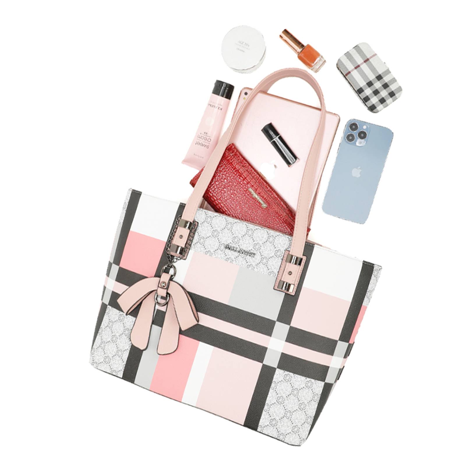 Sac Cabas pour Femme à Carreaux avec Nœud Breloque Décoratif-3