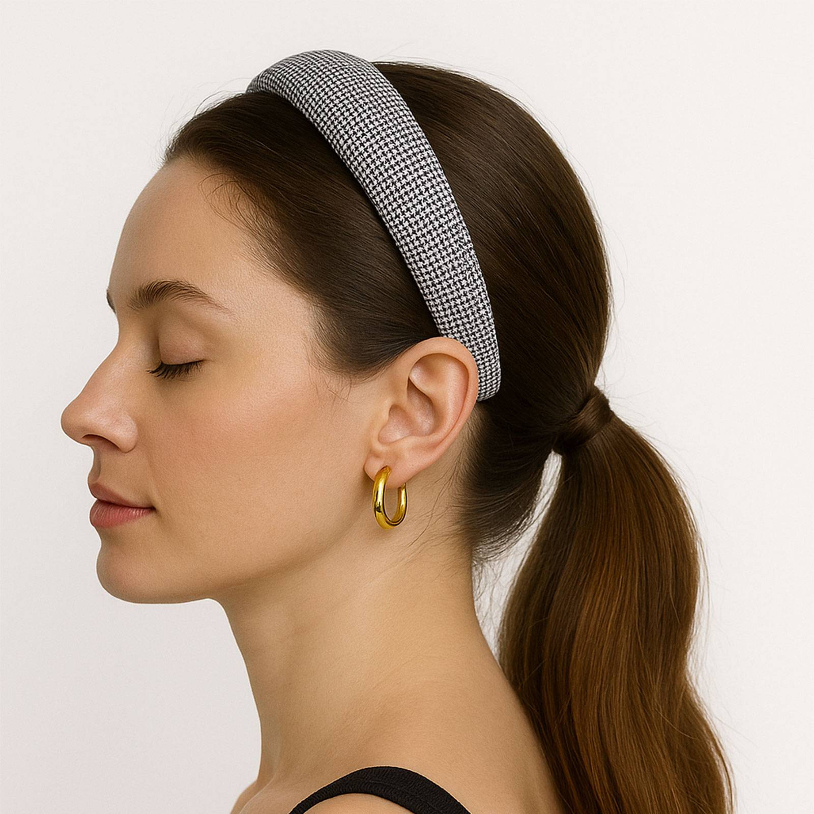 Serre-tête Large pour Cheveux en Tissu Jacquard Pied de Poule Petits Carreaux-0