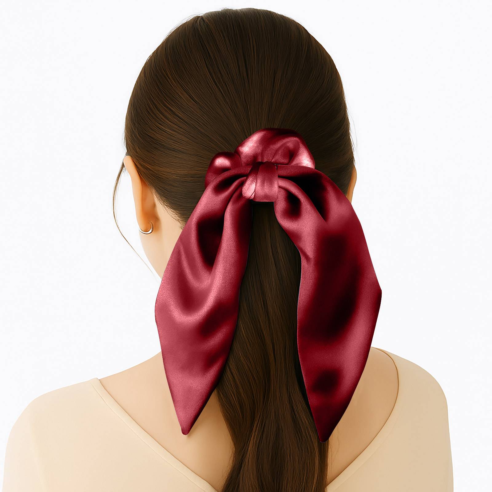 Chouchou Foulard Court pour Cheveux en Satin Papillon Élégant Bordeaux-2