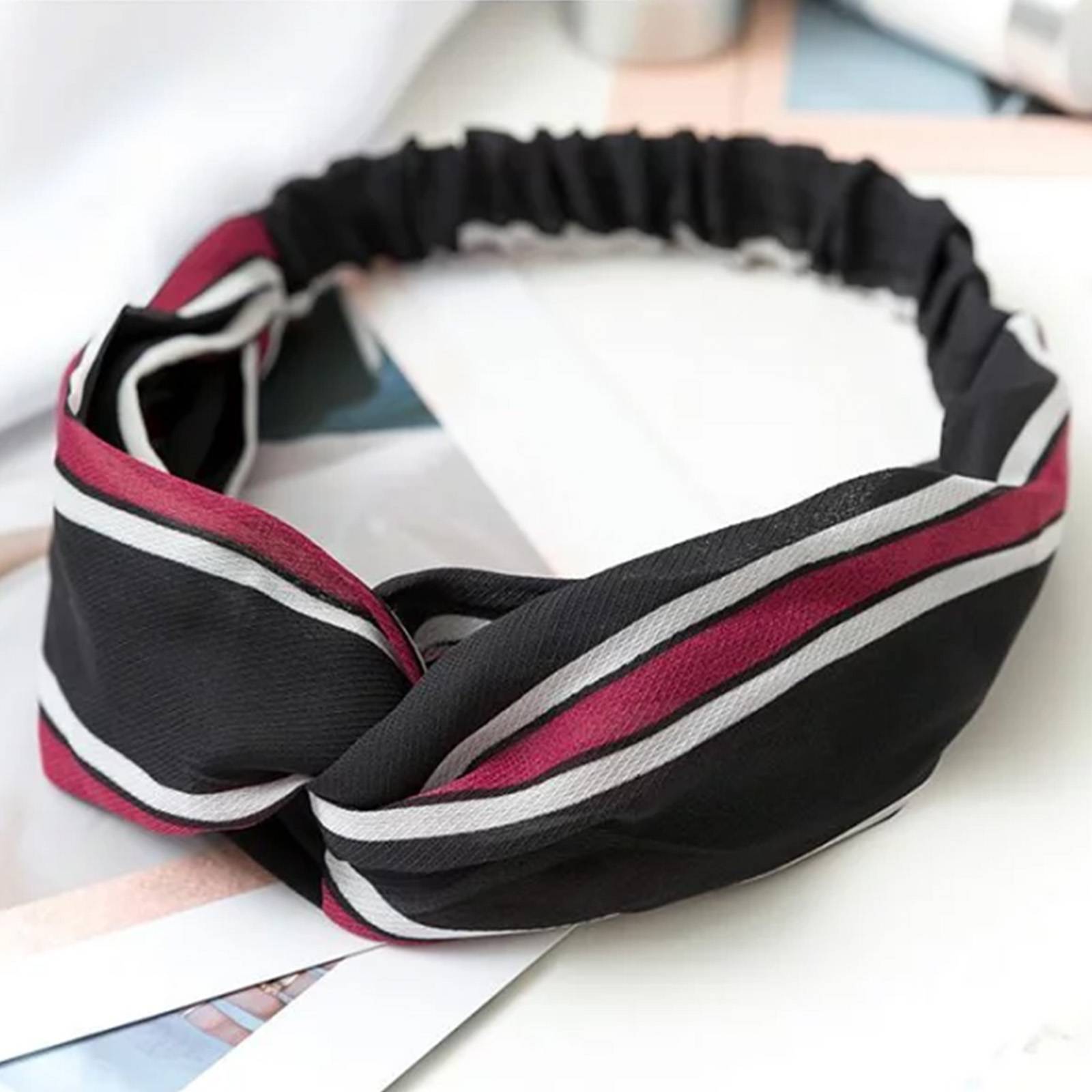Bandeau Torsadé pour Cheveux en Tissu Voile à Rayures Vintage Noir-1