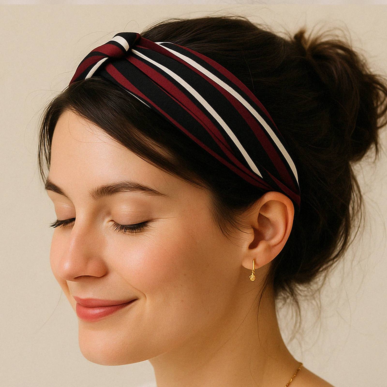 Bandeau Torsadé pour Cheveux en Tissu Voile à Rayures Vintage Noir-2