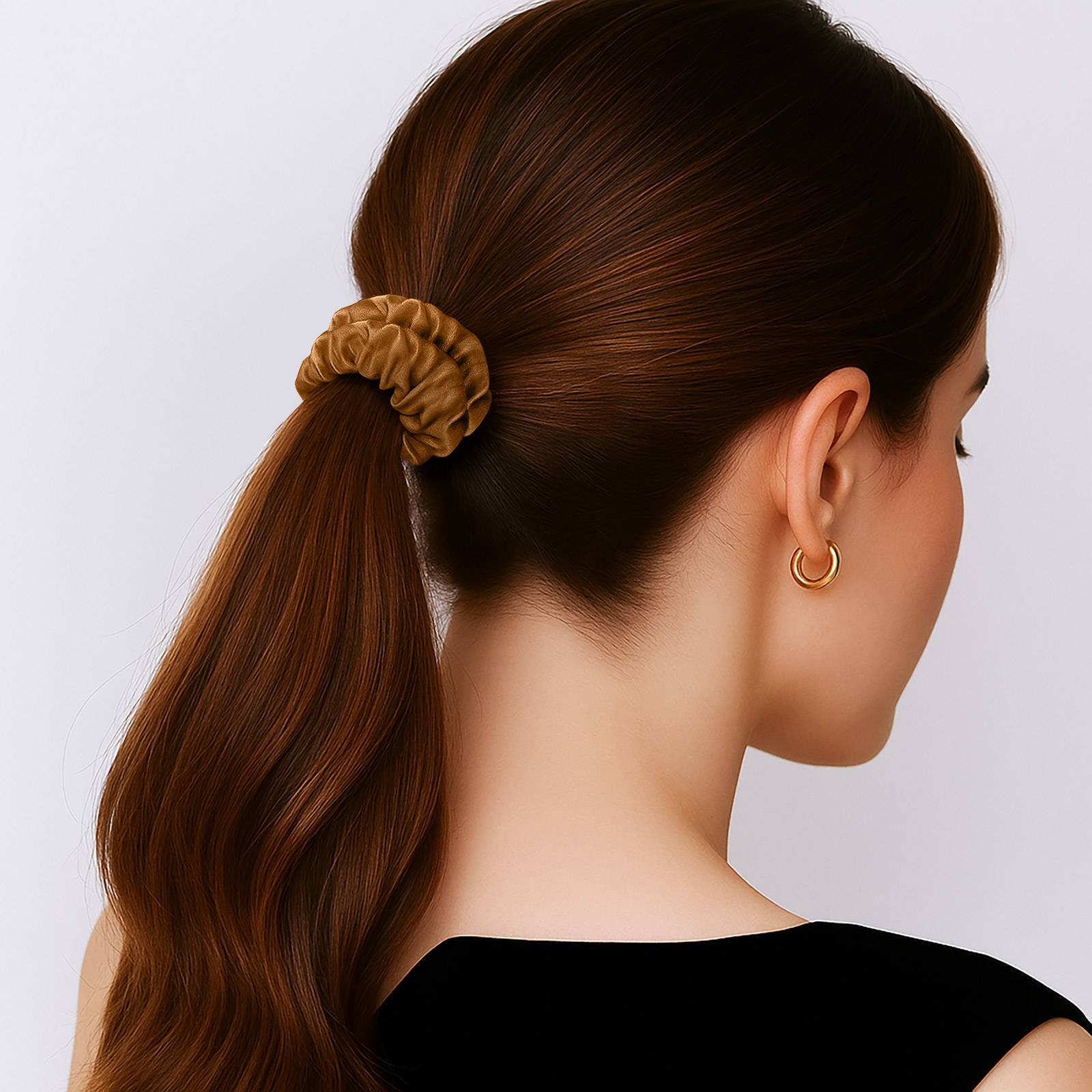 Chouchou Classique pour Cheveux en Satin Plissé Minimaliste Marron-2