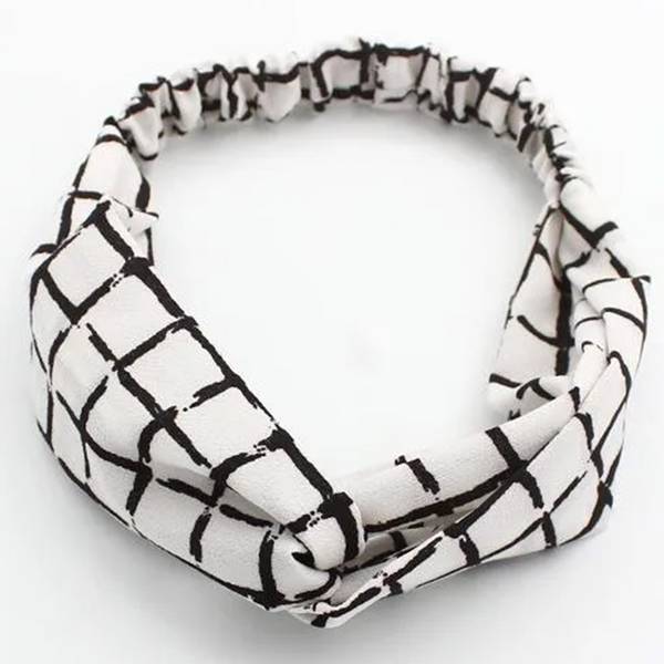 Bandeau Torsadé pour Cheveux Casual en Tissu Crêpe à Carreaux Rétro Blanc