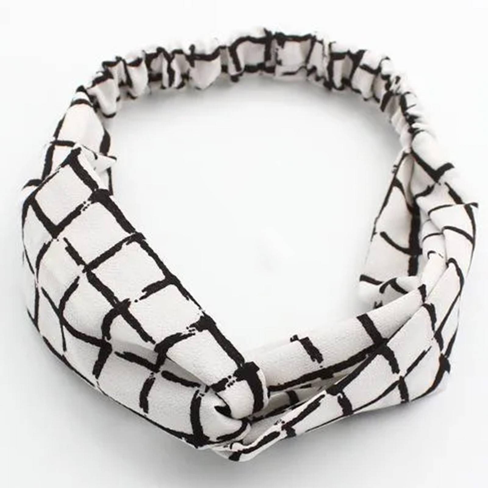 Bandeau Torsadé pour Cheveux Casual en Tissu Crêpe à Carreaux Rétro Blanc-0