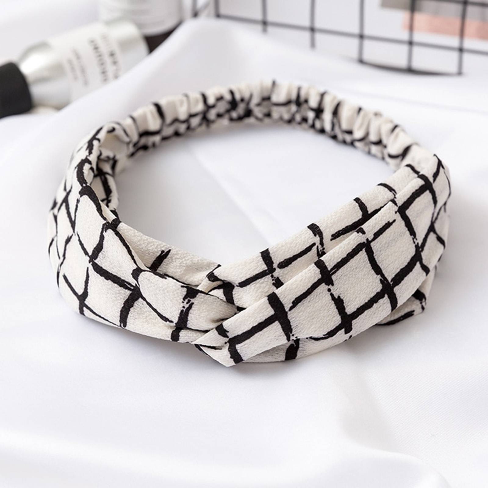 Bandeau Torsadé pour Cheveux Casual en Tissu Crêpe à Carreaux Rétro Blanc-1