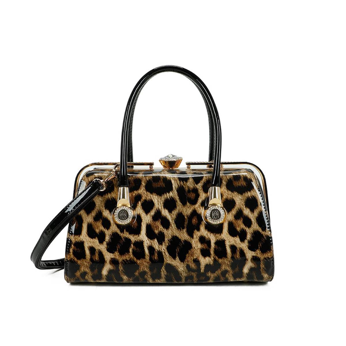 Sac à Main de Soirée pour Femme Vernis Motif Léopard avec Fermoir Bijou Facetté-1