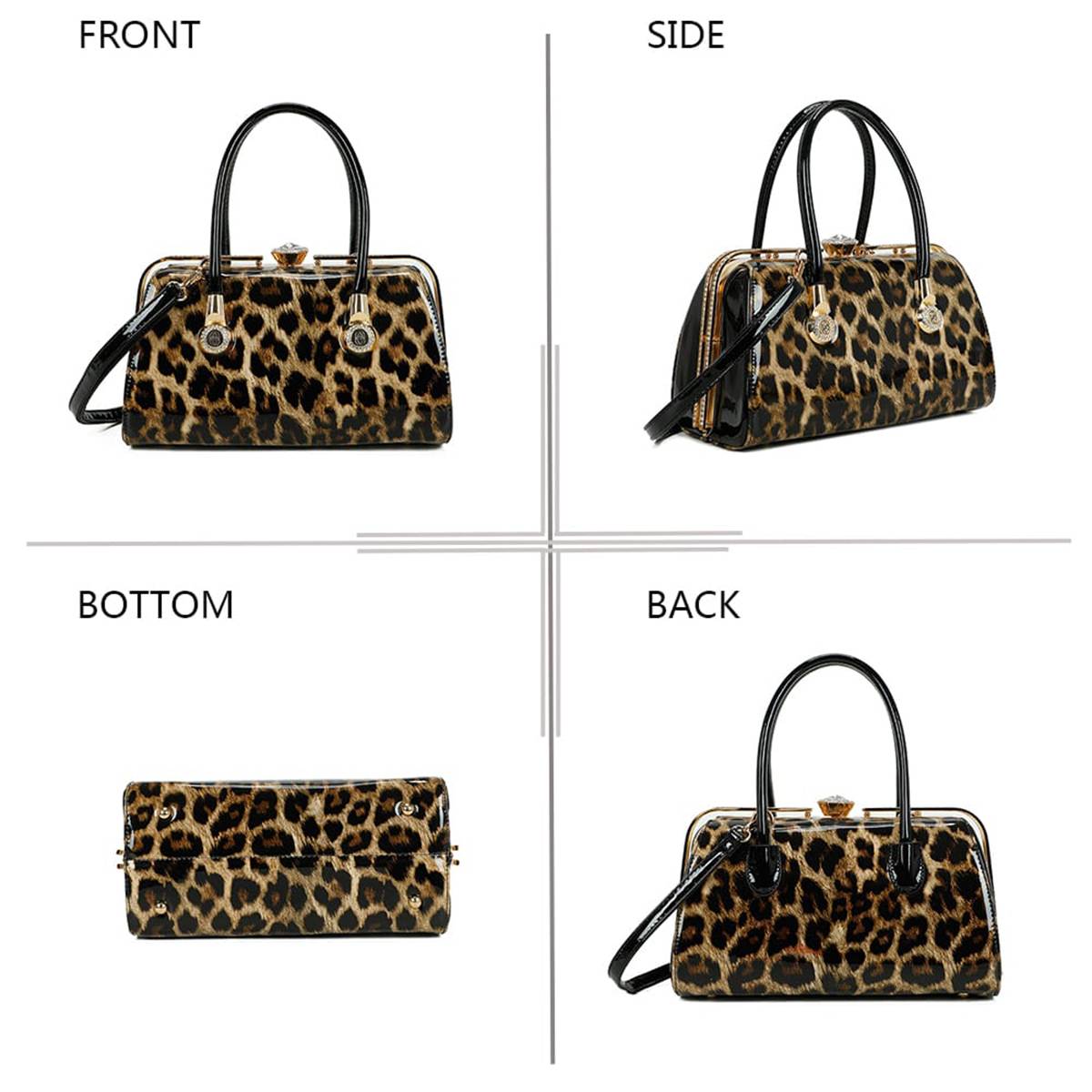 Sac à Main de Soirée pour Femme Vernis Motif Léopard avec Fermoir Bijou Facetté-2