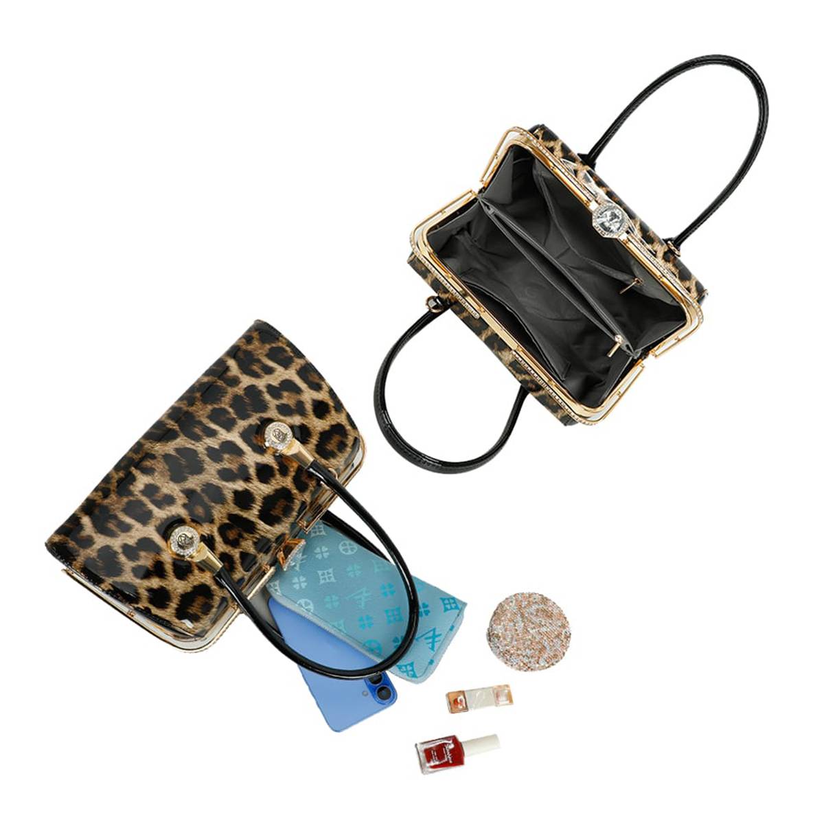 Sac à Main de Soirée pour Femme Vernis Motif Léopard avec Fermoir Bijou Facetté-3