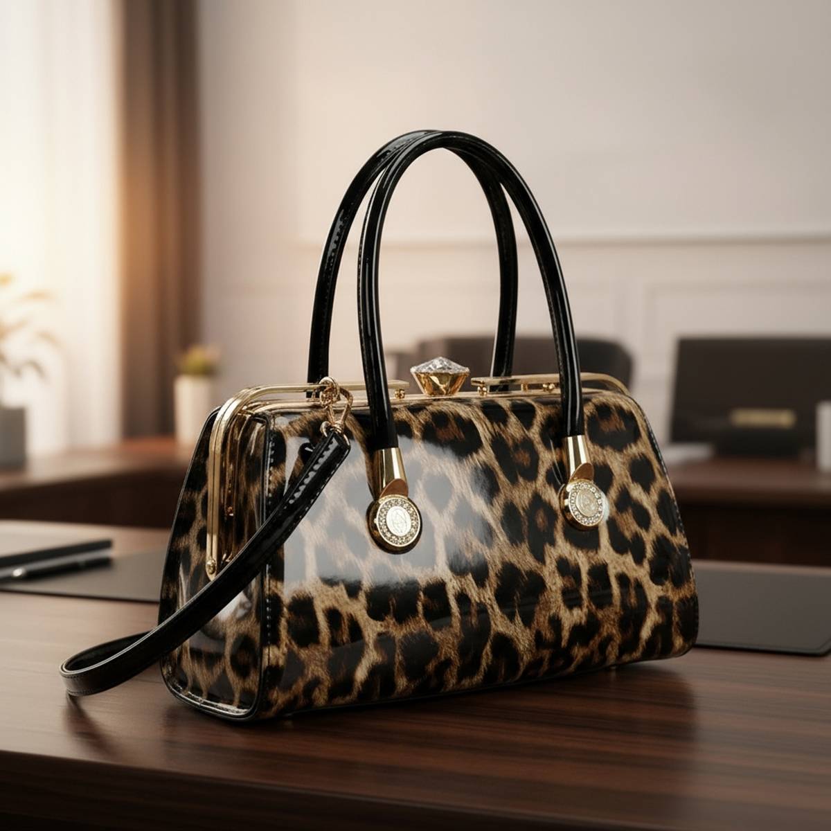 Sac à Main de Soirée pour Femme Vernis Motif Léopard avec Fermoir Bijou Facetté-4