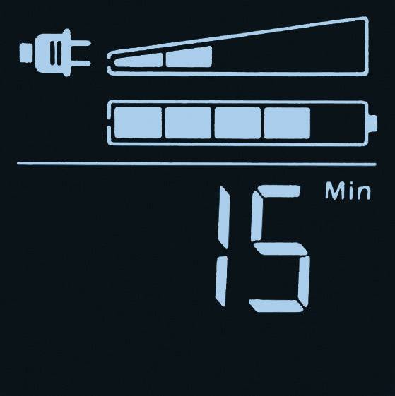 Affichage avec indicateur de charge et '15 Min' de temps restant. En haut, un symbole de prise et une batterie presque pleine.