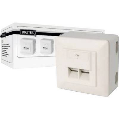 Prise réseau 'Digitus' en emballage blanc avec deux ports Ethernet, adaptée pour une installation murale dans des environnements domestiques ou de bureau.