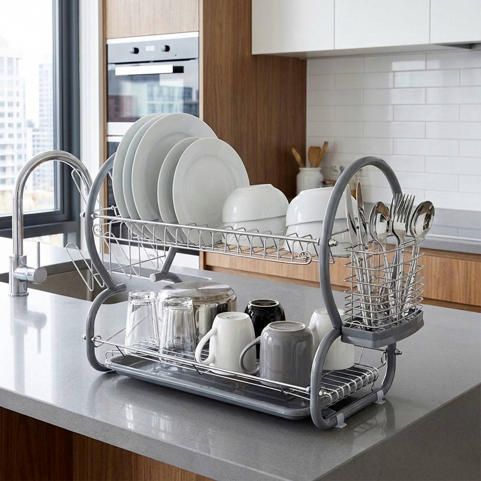 Égouttoir à Vaisselle 2 Niveaux pour 17 Assiettes avec Bac et Porte-couverts-2
