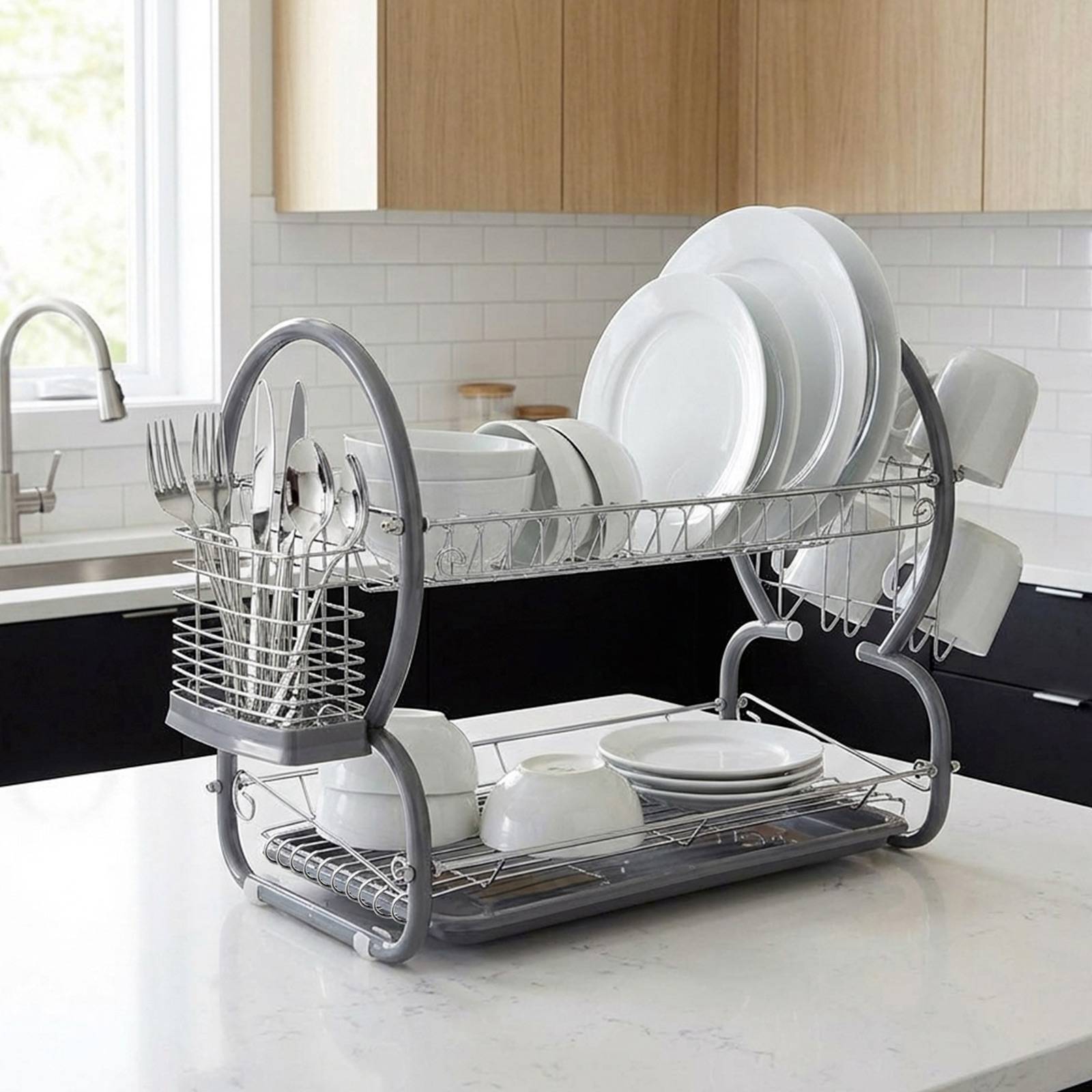 Égouttoir à Vaisselle 2 Niveaux pour 17 Assiettes avec Bac et Porte-couverts-3