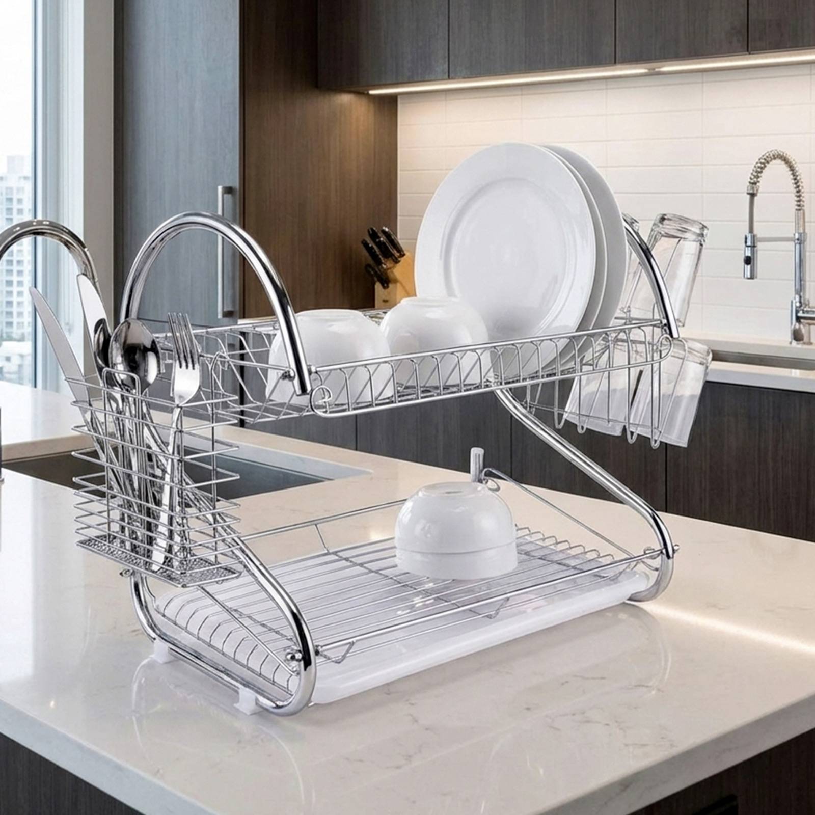 Égouttoir à Vaisselle 2 Niveaux pour 14 Assiettes avec Bac et Porte-couverts-3