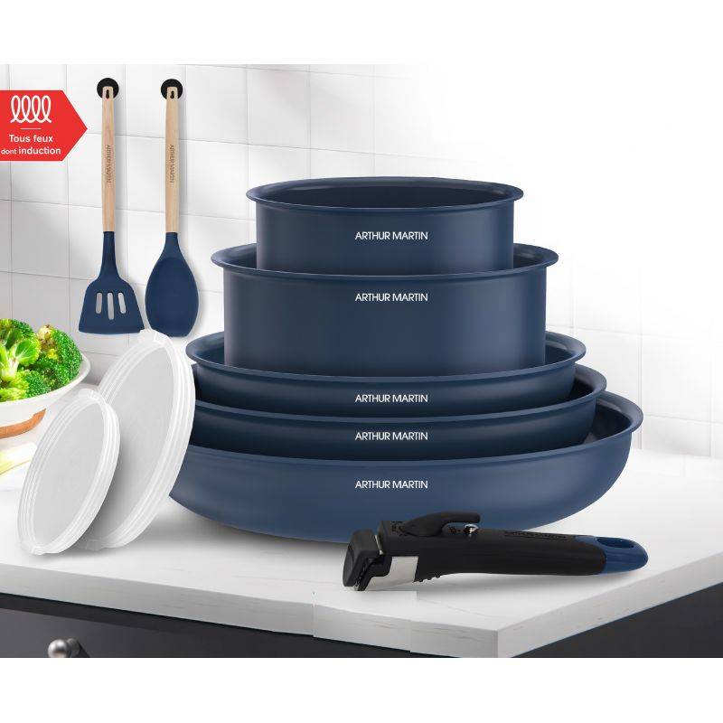 Batterie de cuisine 10 pièces poignée amovible Bleu Arthur Martin AM6455-1