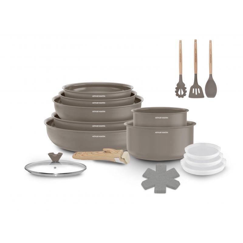 Batterie de cuisine 18 pèces poignée amovible Taupe Arthur Martin AM7887-0