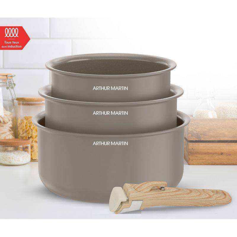 Set de 3 casseroles 16-18-20 cm poignée amovible Taupe Arthur Martin AM1122-4
