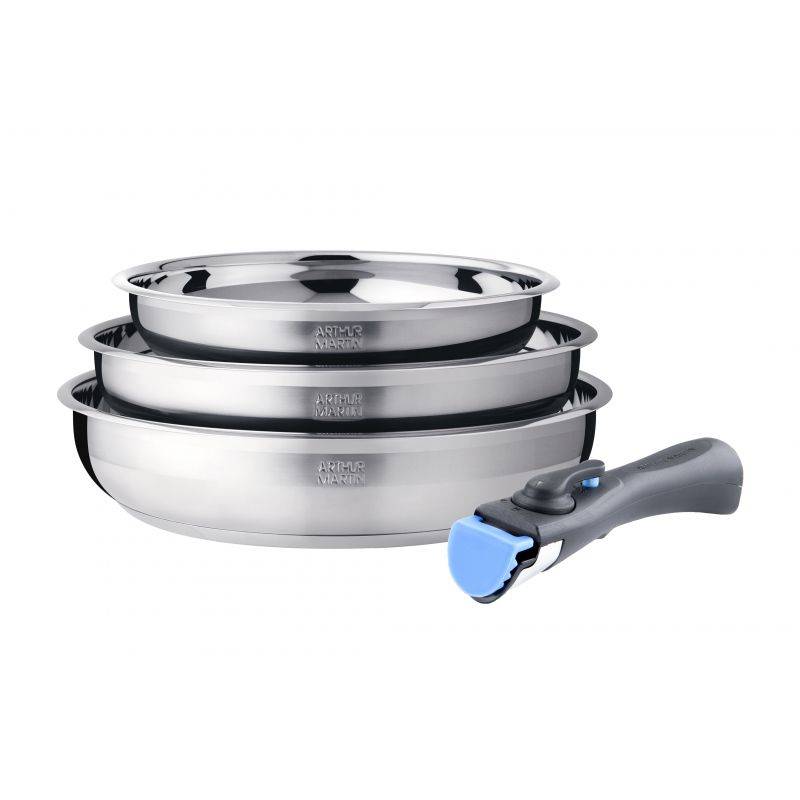 Batterie de cuisine inox 11 pieces avec 2 manches amovibles et 3 couvercles en silicone Arthur Martin AM2700-2