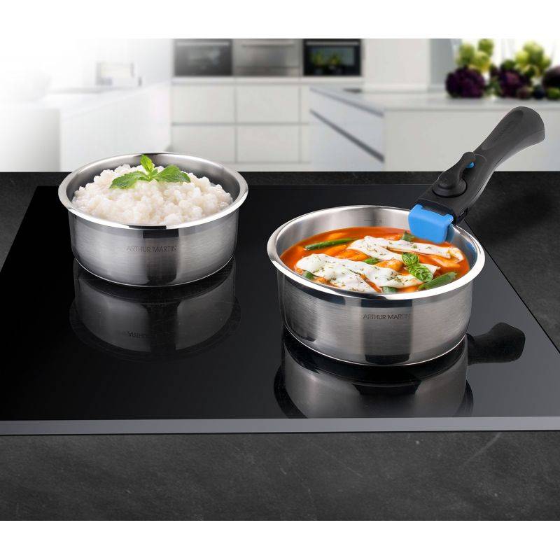 Batterie de cuisine inox 11 pieces avec 2 manches amovibles et 3 couvercles en silicone Arthur Martin AM2700-4