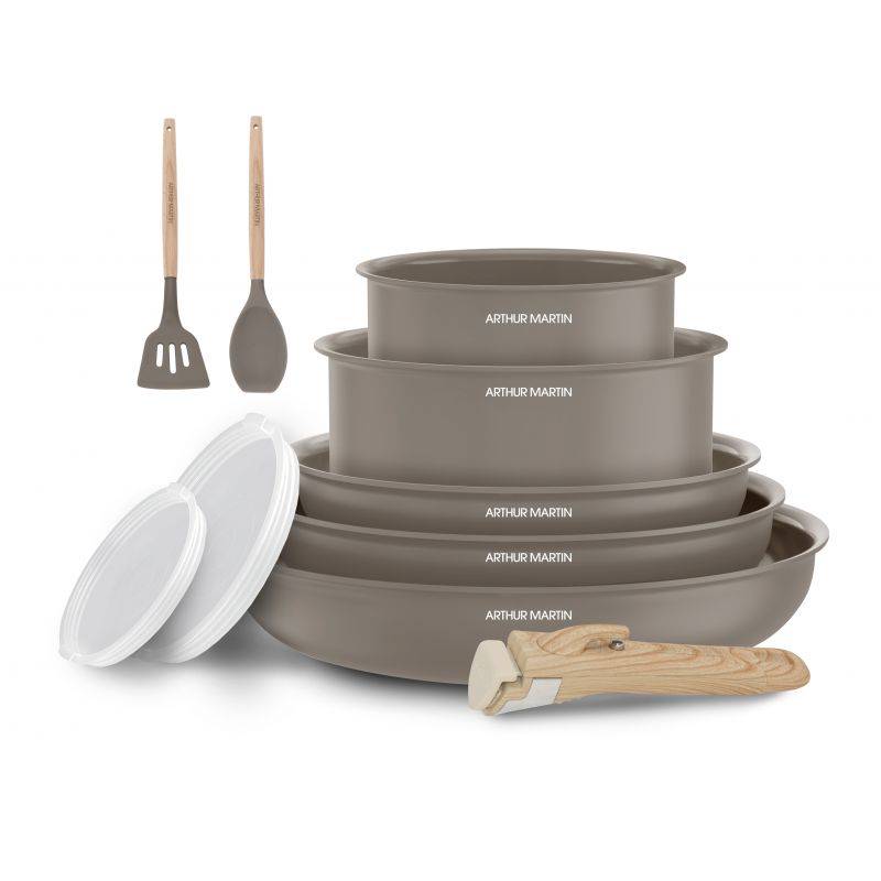 Batterie de cuisine 10 pièces poignée amovible Taupe Arthur Martin AM0986-0