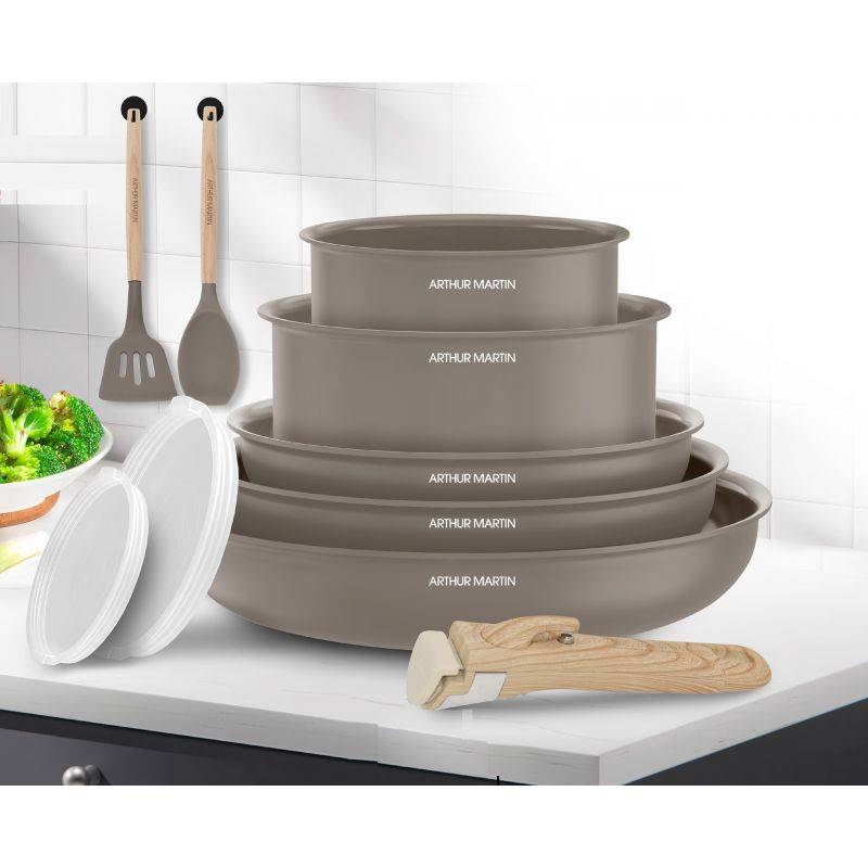 Batterie de cuisine 10 pièces poignée amovible Taupe Arthur Martin AM0986-1