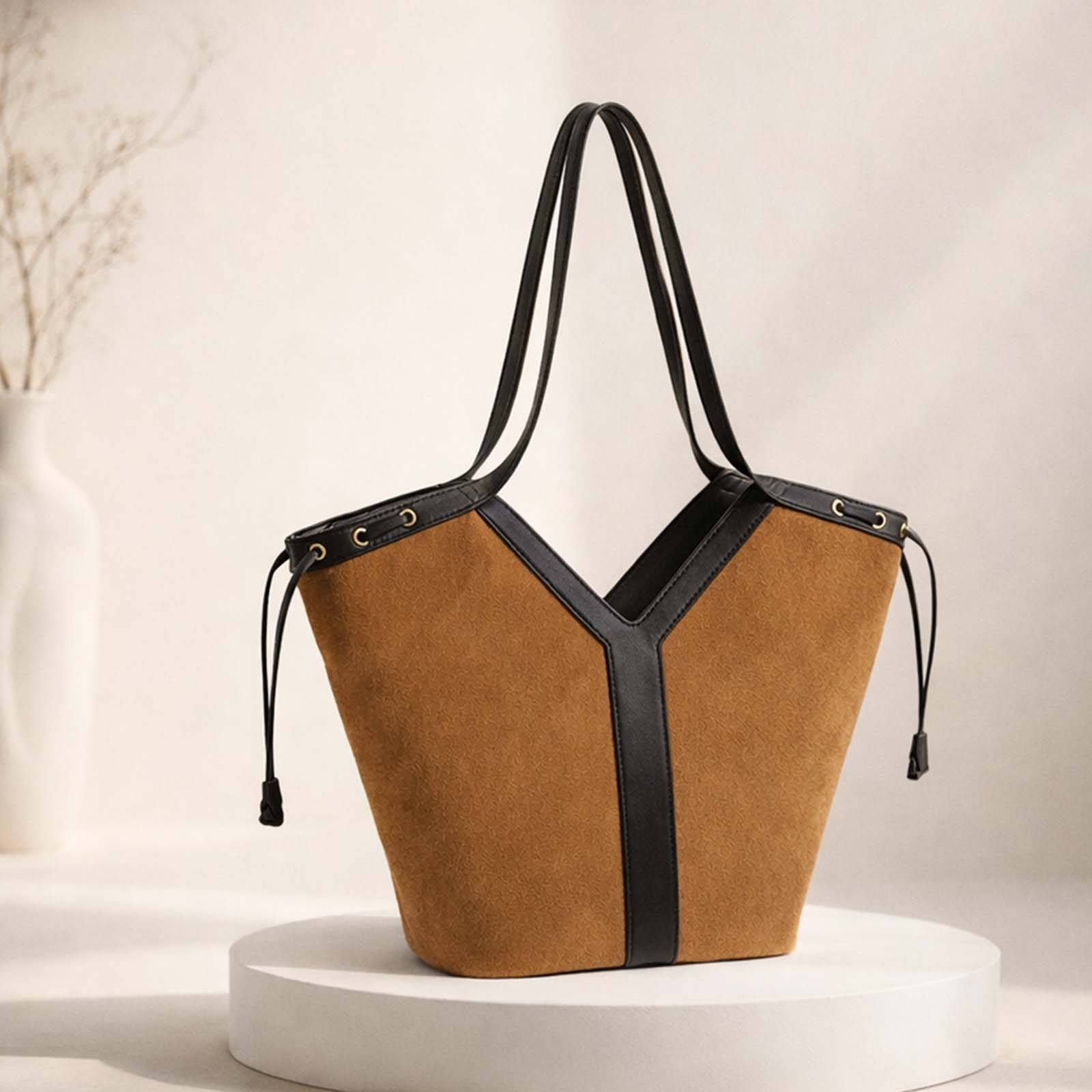 Sac Fourre-tout pour Femme Moderne Aspect Suédine avec Cordon de Serrage Latéral-0