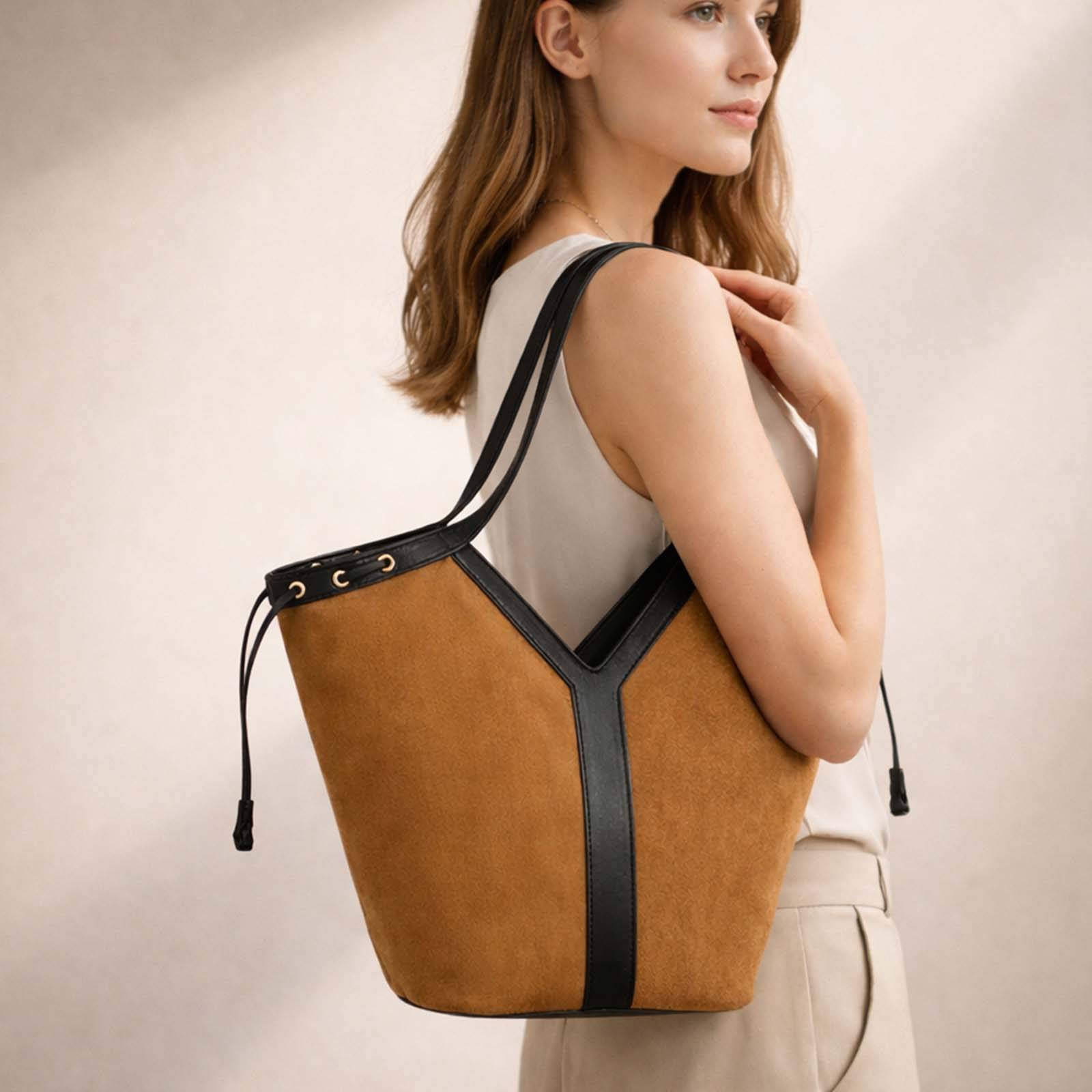 Sac Fourre-tout pour Femme Moderne Aspect Suédine avec Cordon de Serrage Latéral-2
