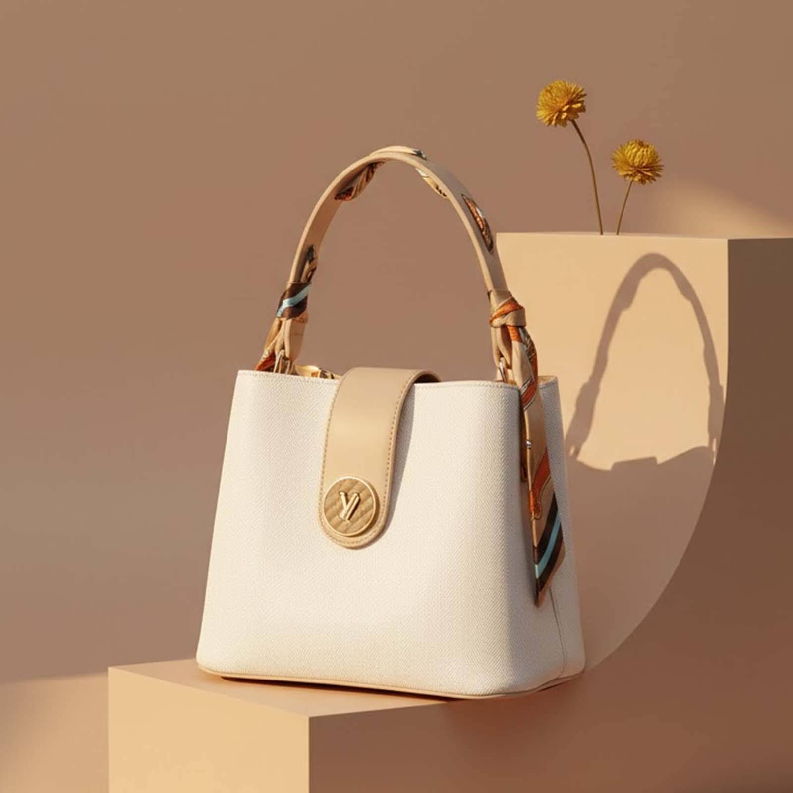 Sac à Main pour Femme Motif Chevron avec Anse Décorée d’un Foulard-0
